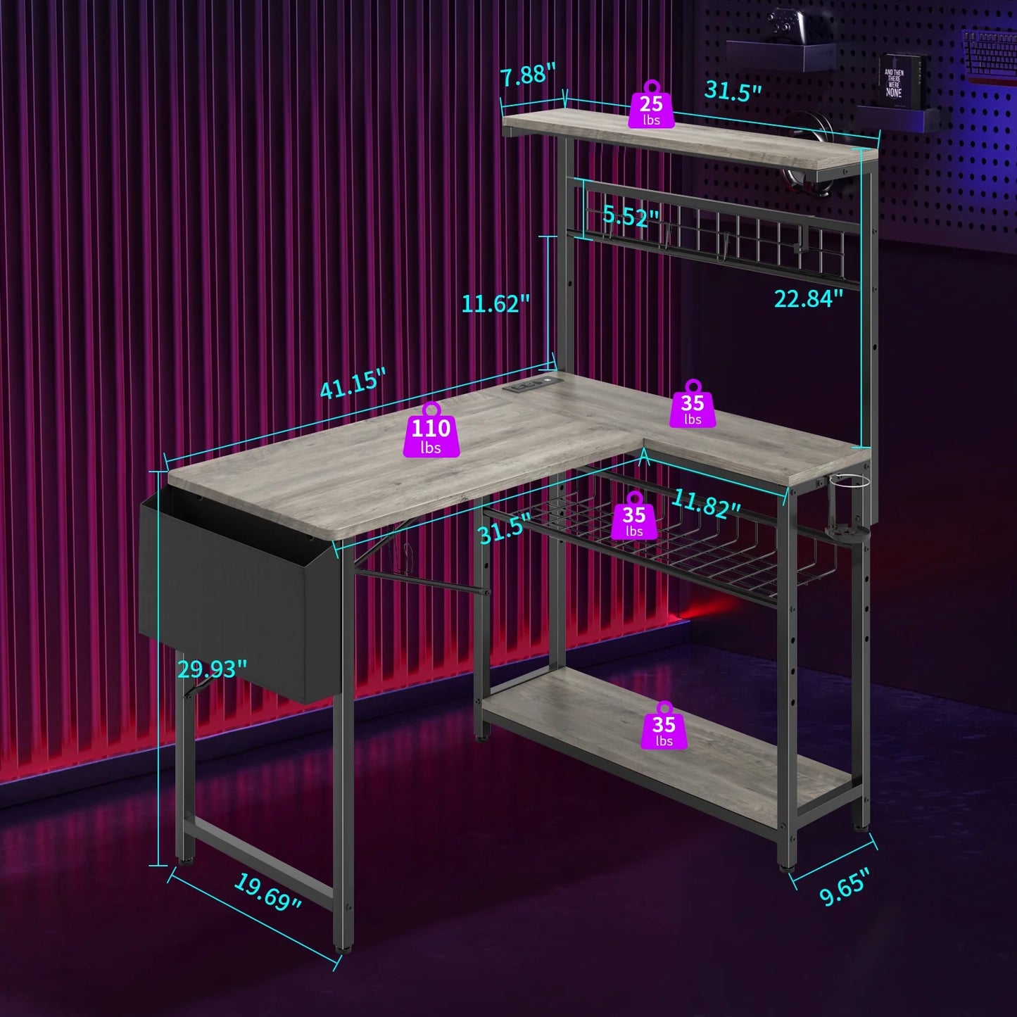 42" L Shaped Gaming Desk with Power Outlets & LED Lights, Small Computer Corner Desk with Headset Hooks and Cup Holder, Home Office Desk with Storage Shelves, Oak Gray