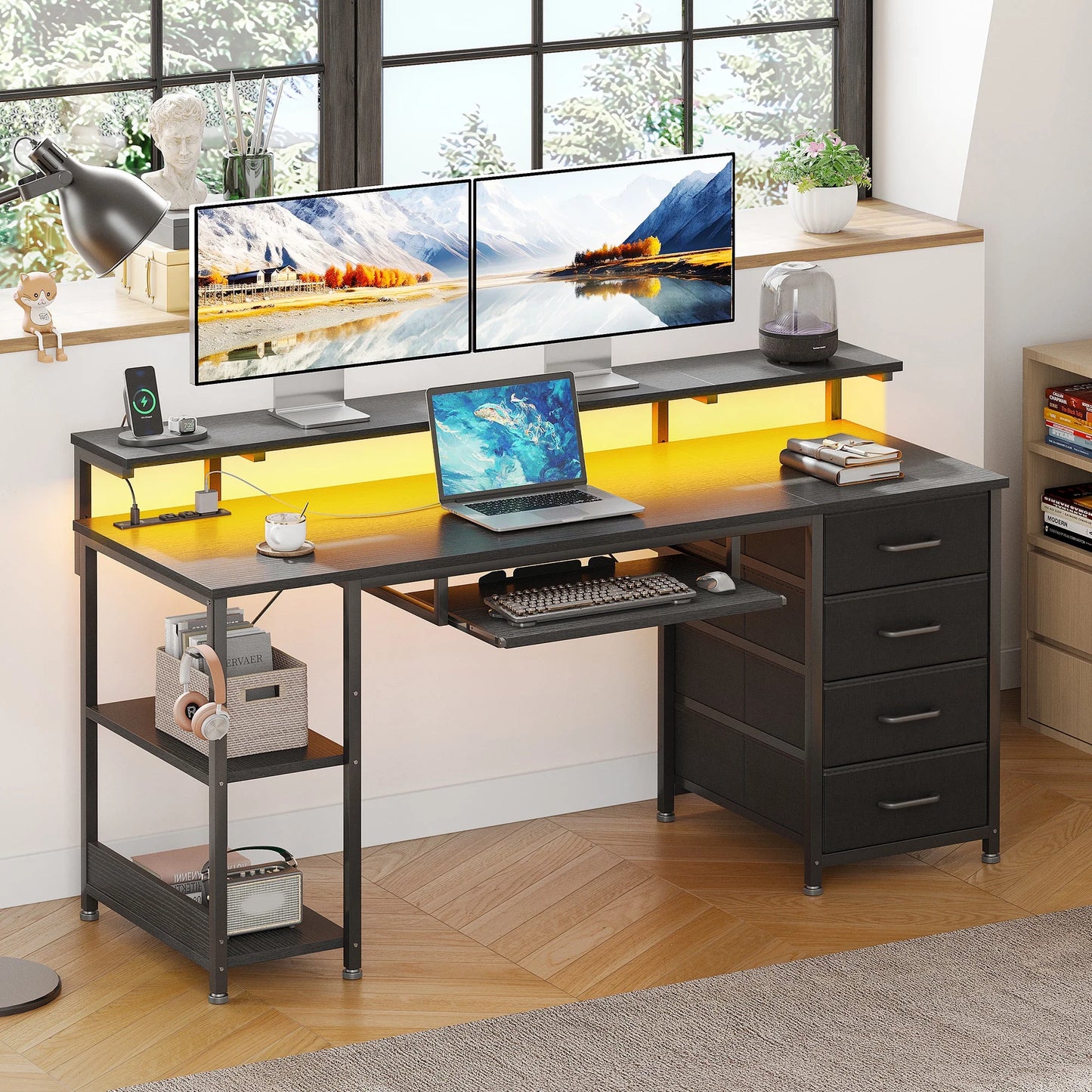 55 Inch Office Desk with Power Outlet and Adjustable Monitor Stand, Computer Desk with Fabric Drawer and Keyboard Tray, Gaming Desk with LED Light & PC Stand, Table for Bedroom with USB Ports, Black