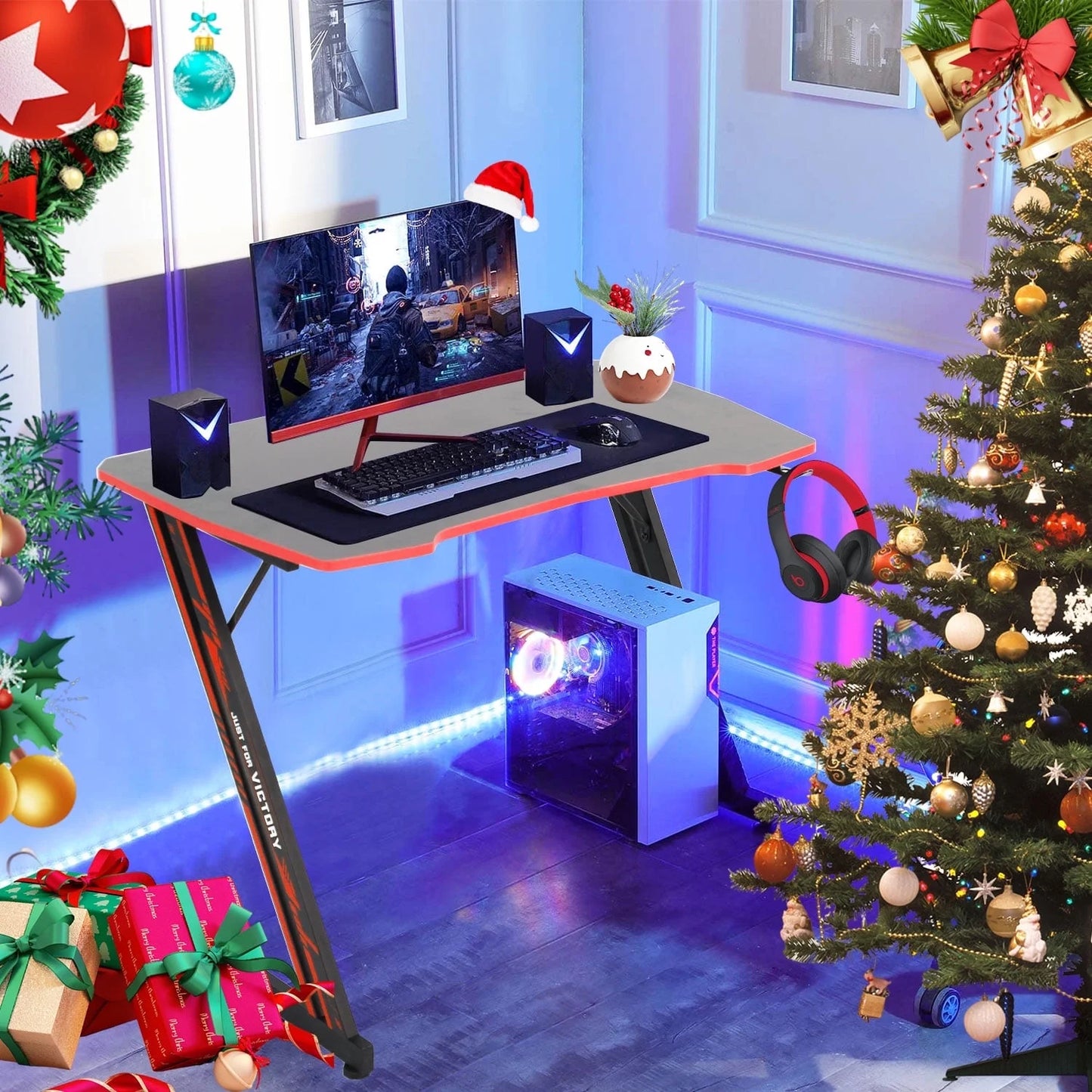 47 Inch Gaming Desk, Z Shaped PC Computer Desk Gaming Workstation with Headphone Hook, Ergonomic Gaming Table PC Desk for Game Players, Red