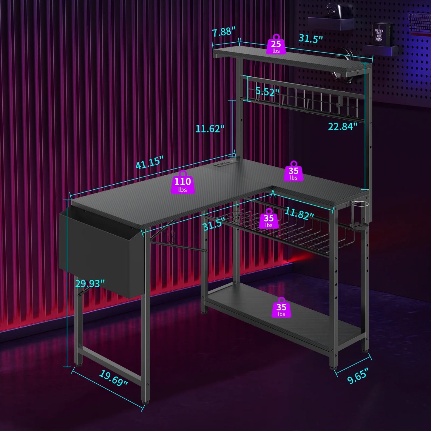 Gaming Desk, 42" L Shaped Computer Desk with Power Outlets & LED Lights, Carbon Fiber Black