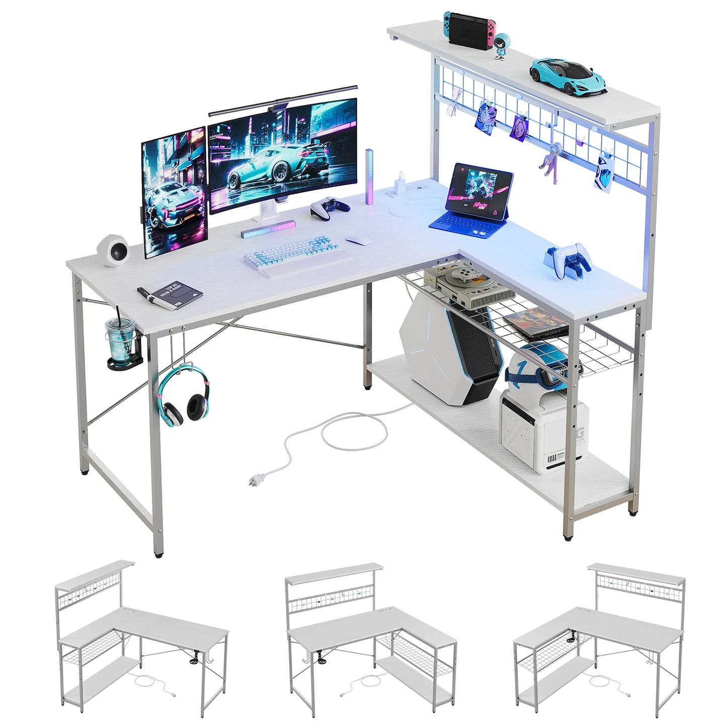 51 L Shaped Gaming Desk with Power Outlets, LED Workstation with 4 Tiers Shelves, Carbon Fiber White