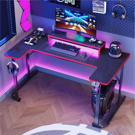 U-Shaped Gaming Desk with Monitor Stand, LED Lights, Headphone Hooks, Cup Holder, 31.5 X 59 In, Carbon Fiber Black