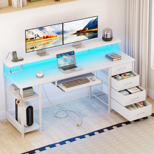 63 Inch Office Desk with Power Outlet and Adjustable Monitor Stand, Computer Desk with Fabric Drawer and Keyboard Tray, Gaming Desk with LED Light & PC Stand, Table for Bedroom with USB Ports, White