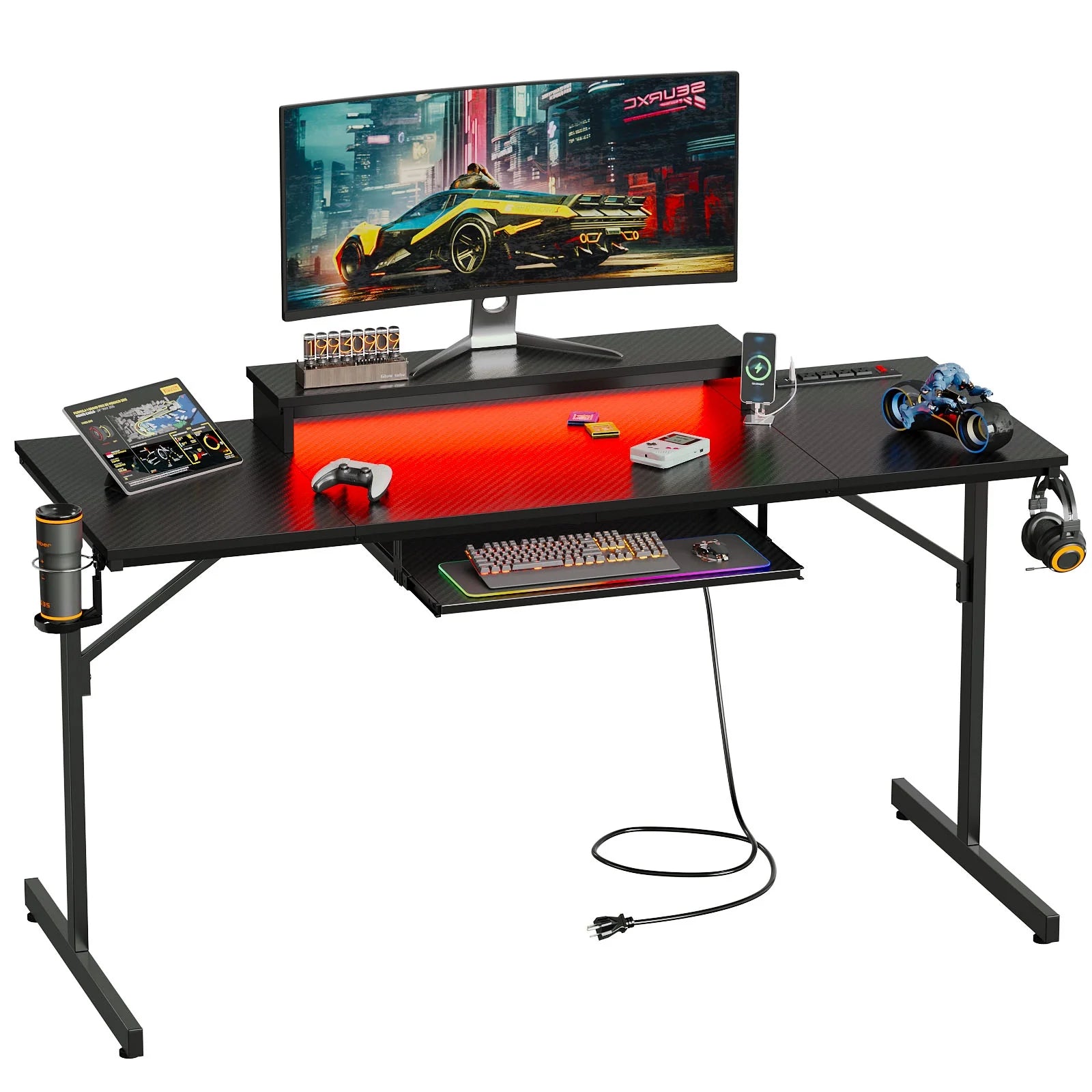 63" Gaming Desk with LED Lights & Power Outlets, Monitor Stand & Keyboard Tray for Home Office, Carbon Fiber Black