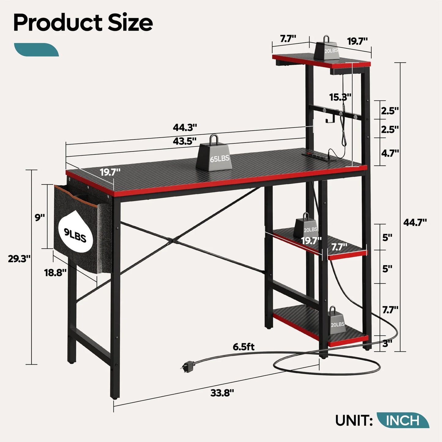 44 Inch LED Gaming Desk with Outlets & USB Ports Computer Desk with Storage Shelves in Black Carbon Fiber
