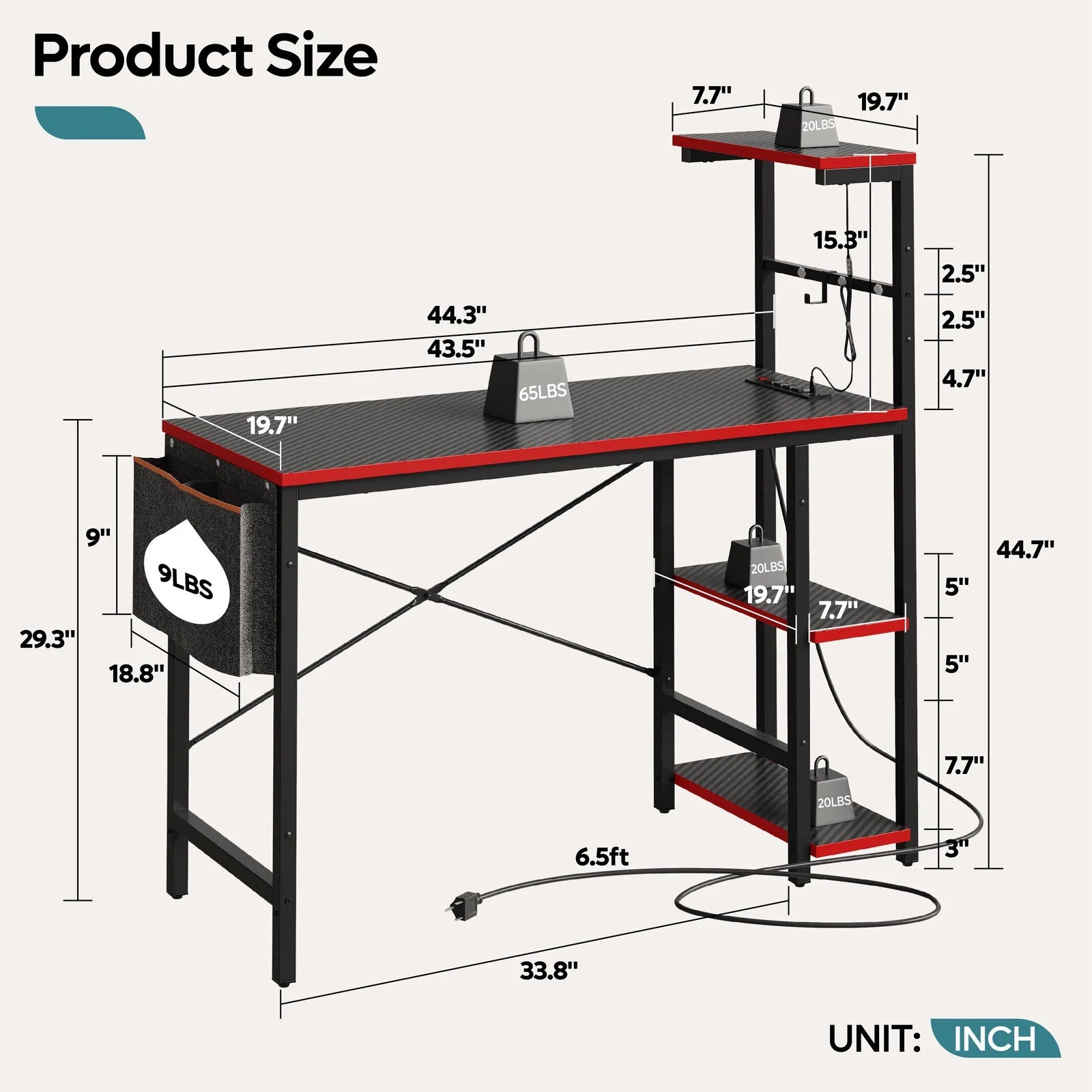 44 Inch LED Gaming Desk with Outlets & USB Ports Computer Desk with Storage Shelves in Black Carbon Fiber