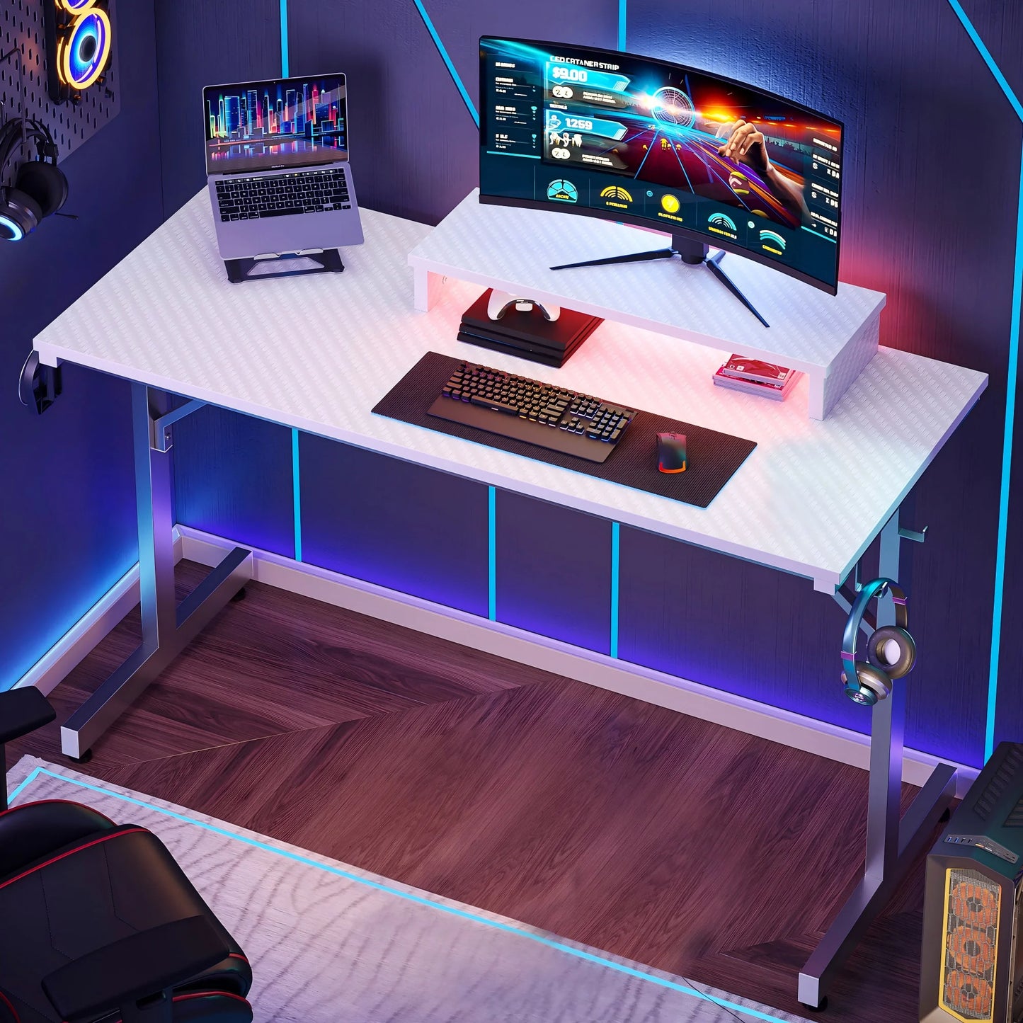 42 Inch LED Gaming Desk with Monitor Stand PC Computer Gamer Home Office Table in White