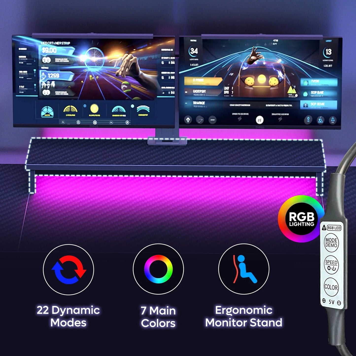 63" Gaming Desk with LED Lights & Power Outlets, Monitor Stand & Keyboard Tray for Home Office, Carbon Fiber Black