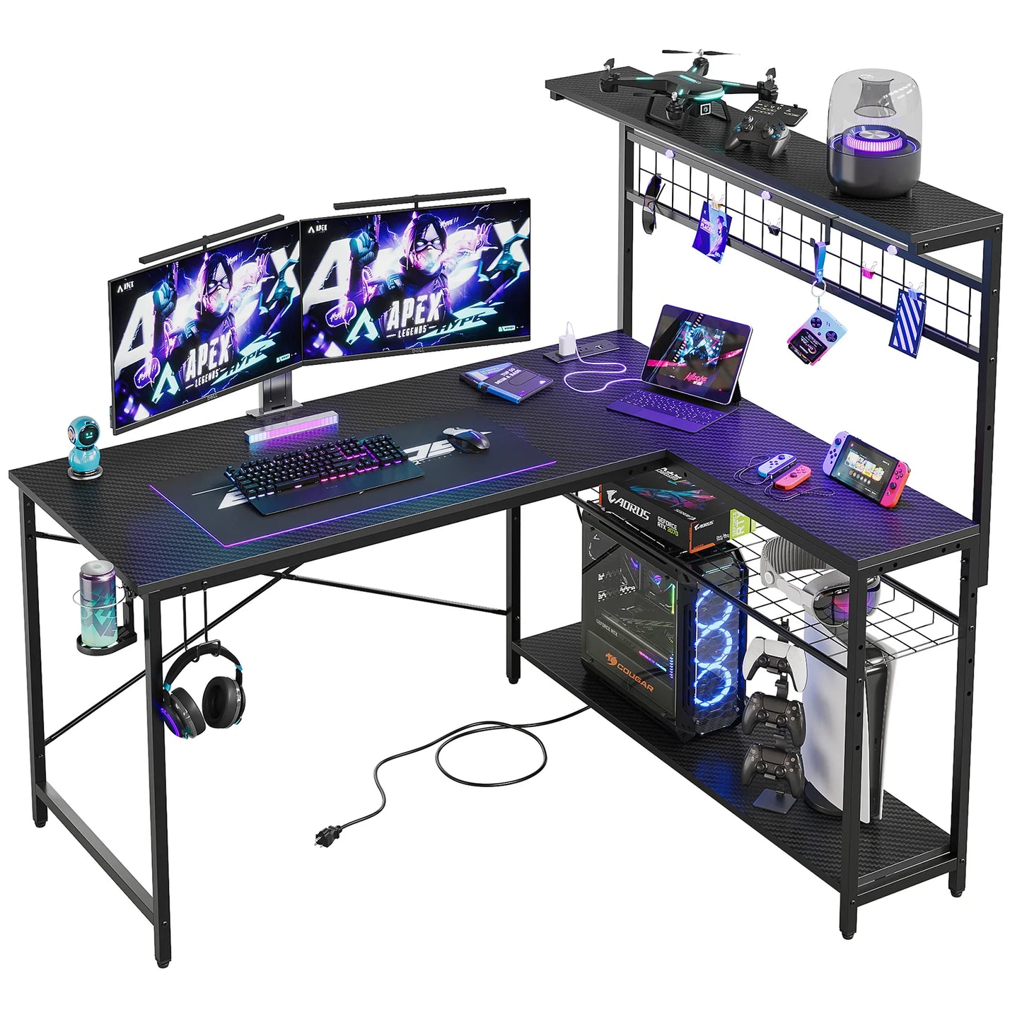51-Inch L-Shaped Gaming Desk with Power Outlets, LED Workstation, 4-Tier Shelves, Carbon Fiber Finish