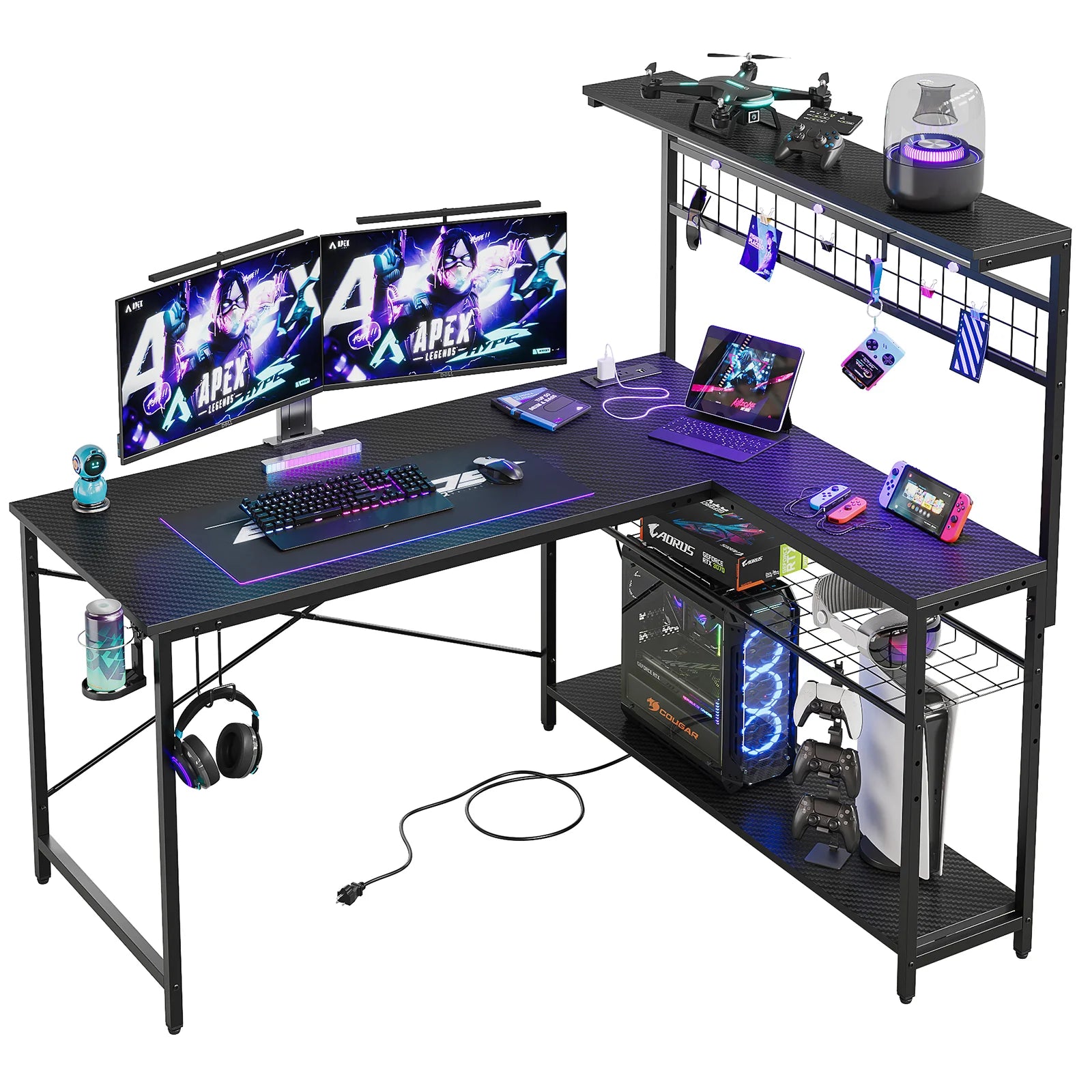 51-Inch L-Shaped Gaming Desk with Power Outlets, LED Workstation, 4-Tier Shelves, Carbon Fiber Finish