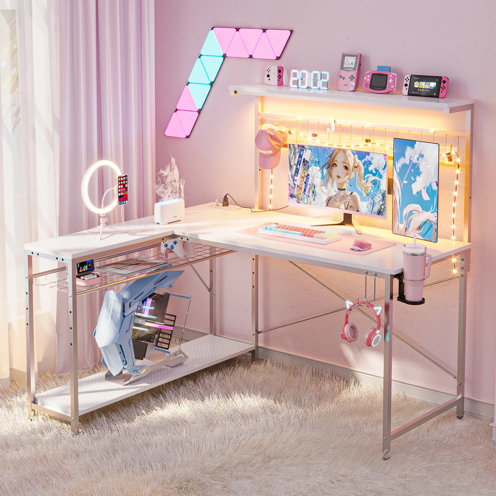 51 L Shaped Gaming Desk with Power Outlets, LED Workstation with 4 Tiers Shelves, Carbon Fiber White