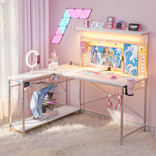 51 L Shaped Gaming Desk with Power Outlets, LED Workstation with 4 Tiers Shelves, Carbon Fiber White