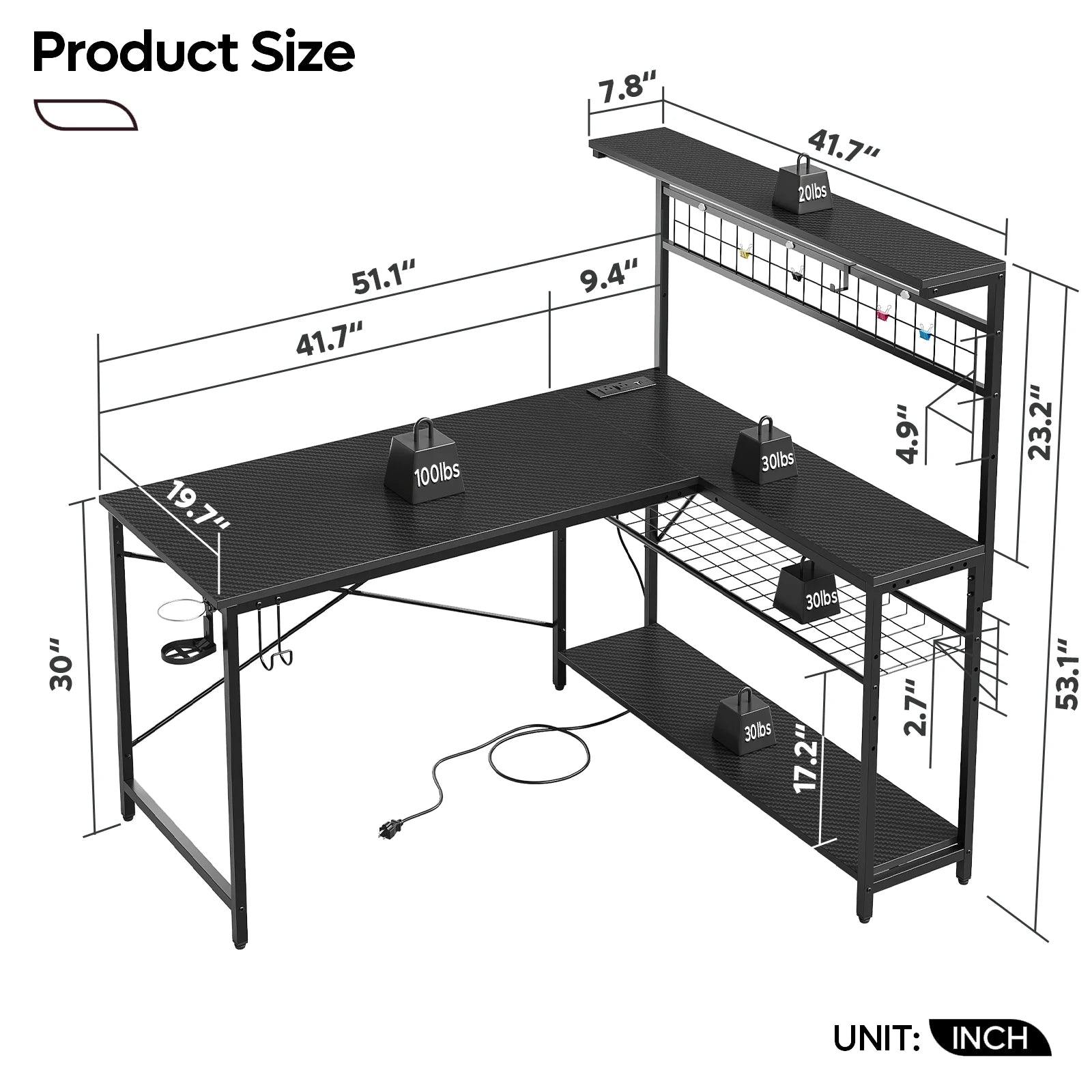 51-Inch L-Shaped Gaming Desk with Power Outlets, LED Workstation, 4-Tier Shelves, Carbon Fiber Finish