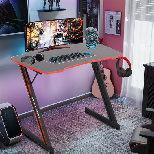 47 Inch Gaming Desk, Z Shaped PC Computer Desk Gaming Workstation with Headphone Hook, Ergonomic Gaming Table PC Desk for Game Players, Red