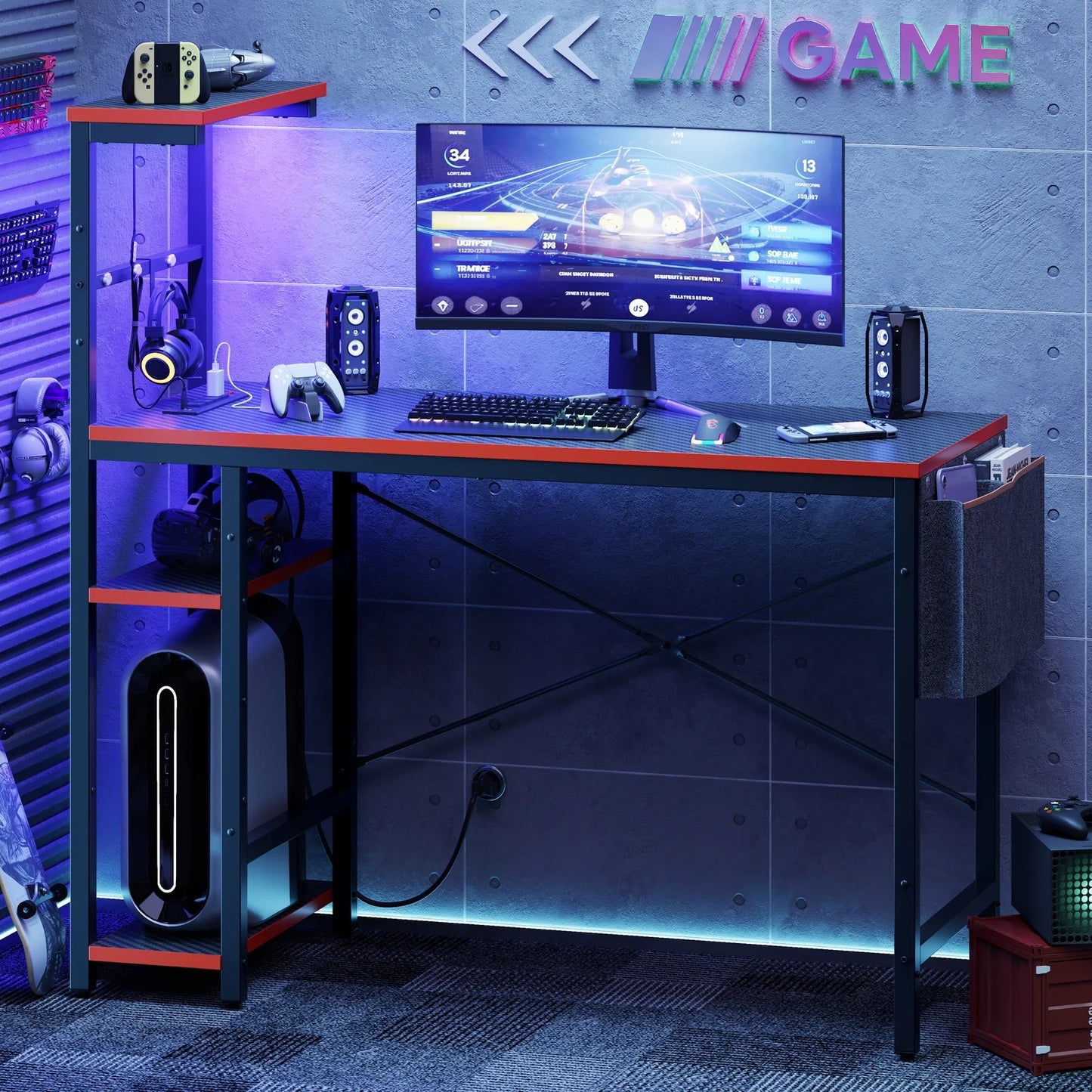 44 Inch LED Gaming Desk with Outlets & USB Ports Computer Desk with Storage Shelves in Black Carbon Fiber