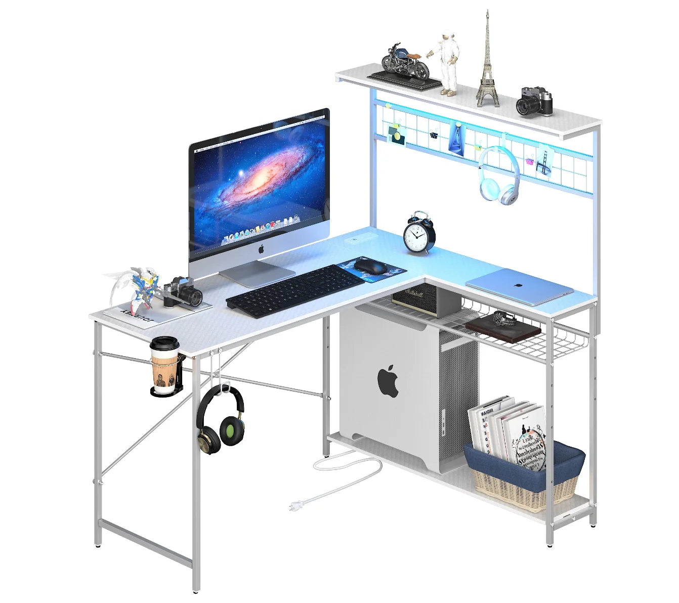 51 L Shaped Gaming Desk with Power Outlets, LED Workstation with 4 Tiers Shelves, Carbon Fiber White