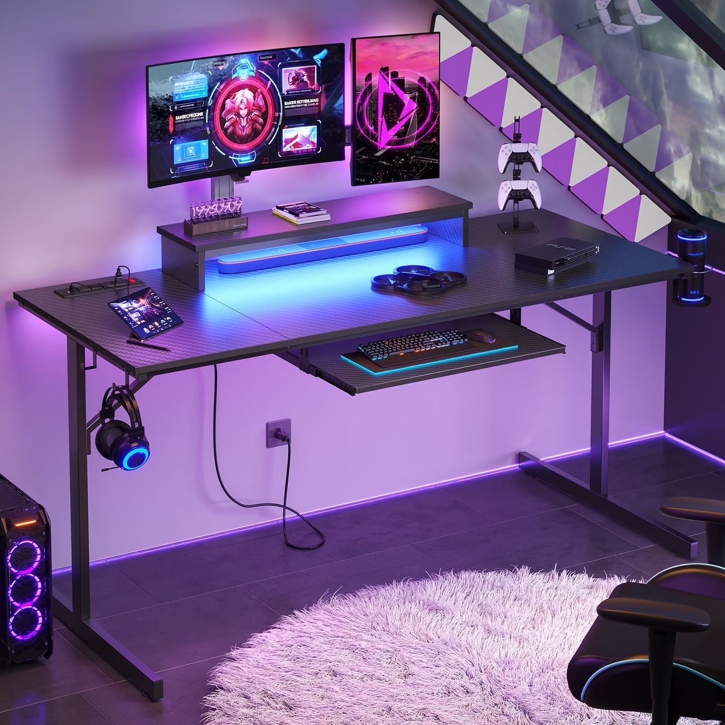 63" Gaming Desk with LED Lights & Power Outlets, Monitor Stand & Keyboard Tray for Home Office, Carbon Fiber Black