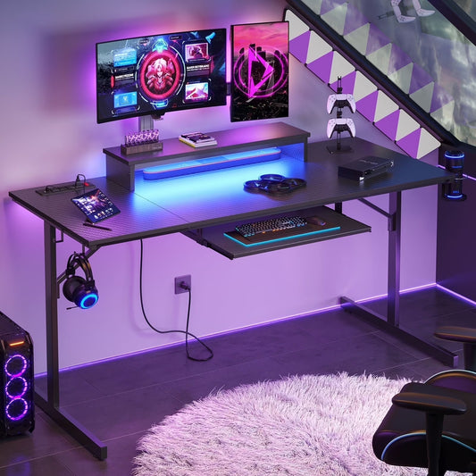 63" Gaming Desk with LED Lights & Power Outlets, Monitor Stand & Keyboard Tray for Home Office, Carbon Fiber Black