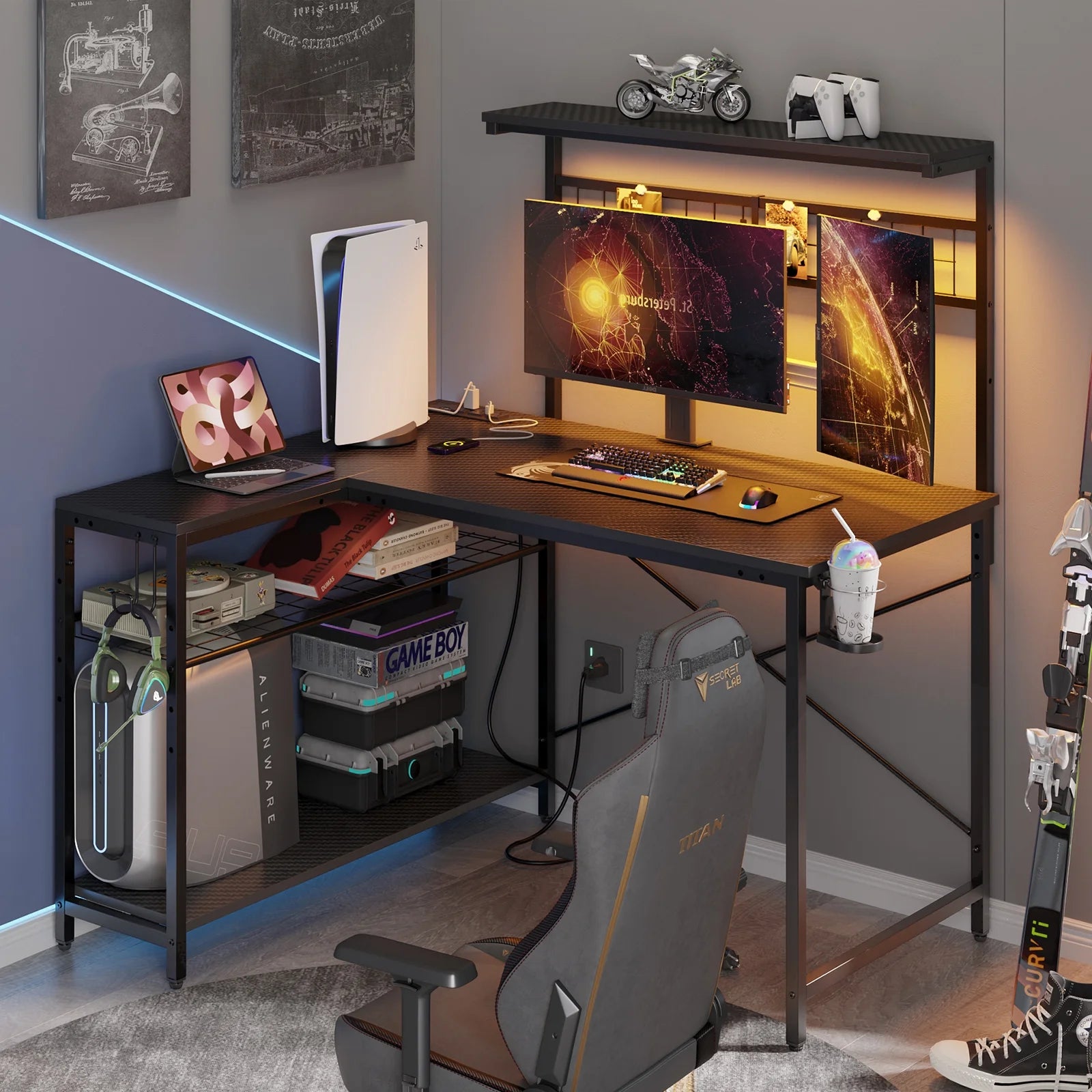 51-Inch L-Shaped Gaming Desk with Power Outlets, LED Workstation, 4-Tier Shelves, Carbon Fiber Finish