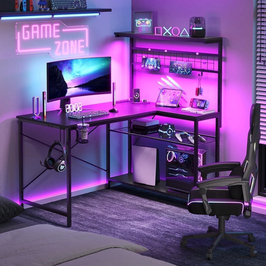 51-Inch L-Shaped Gaming Desk with Power Outlets, LED Workstation, 4-Tier Shelves, Carbon Fiber Finish