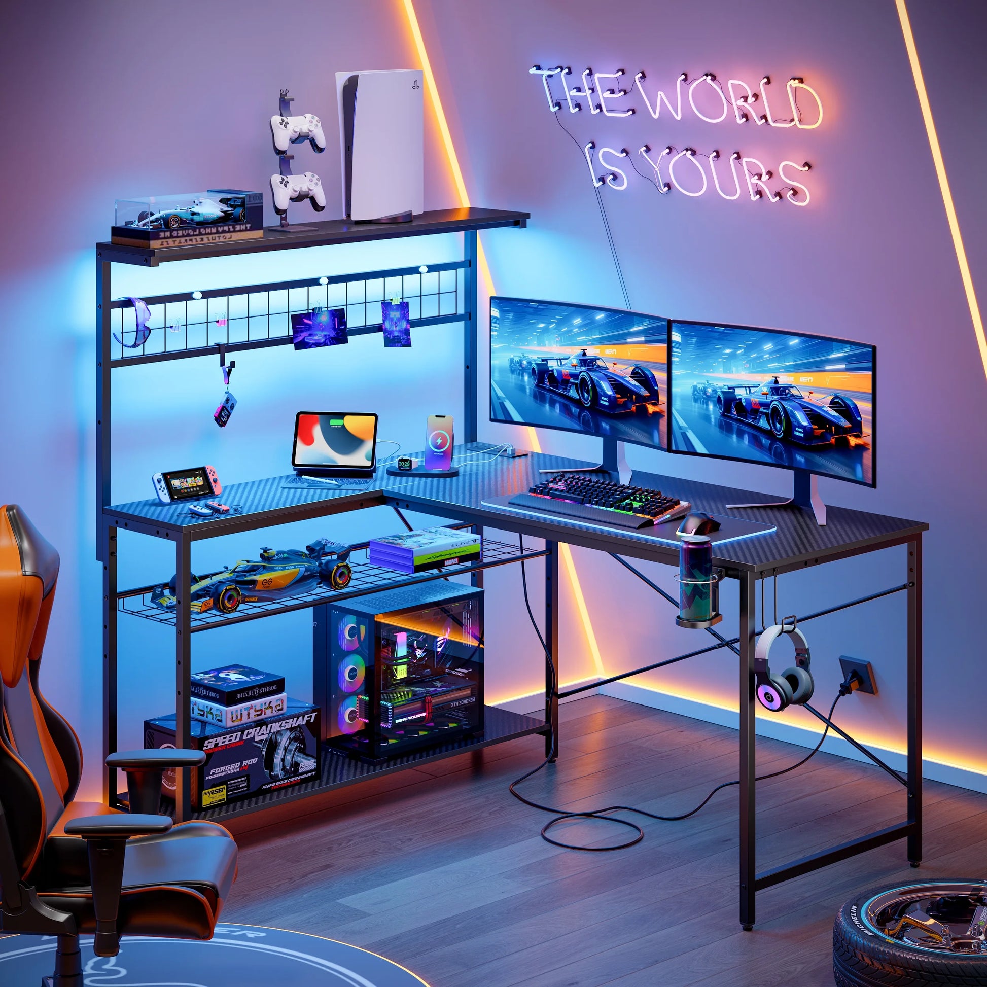 51-Inch L-Shaped Gaming Desk with Power Outlets, LED Workstation, 4-Tier Shelves, Carbon Fiber Finish