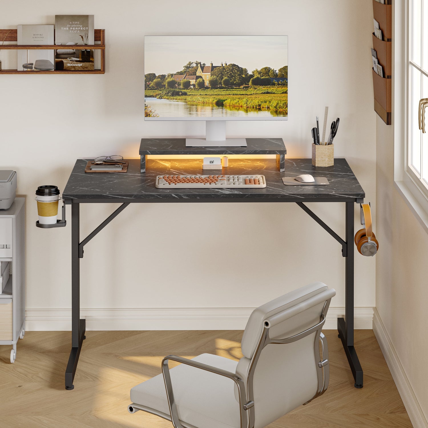 42" LED Gaming Desk PC Computer Office Gamer Table Desk with Monitor Stand in Black Marble